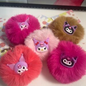 5 pc - Plush Pom Keychain Set - Pink and Brown Faux Fur Character Charms